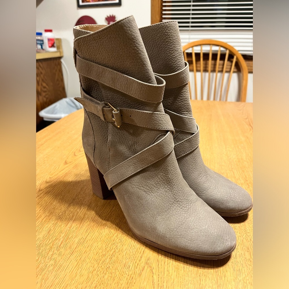 Kate Spade Taupe Lexy Leather Double Buckle Stacked Block Heel Ankle Boot 9M